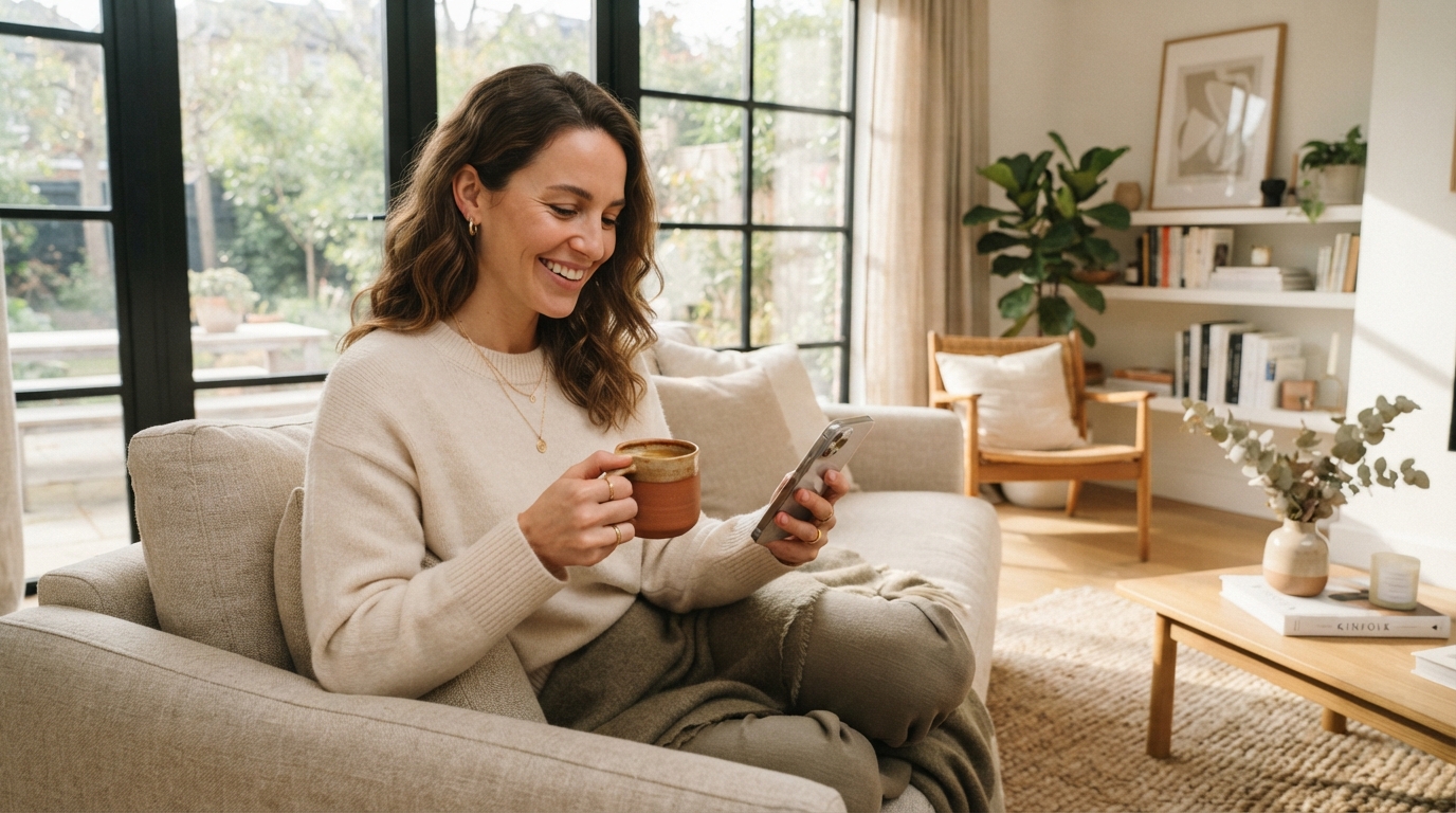Serene woman quoting on mobile in sunlit living room